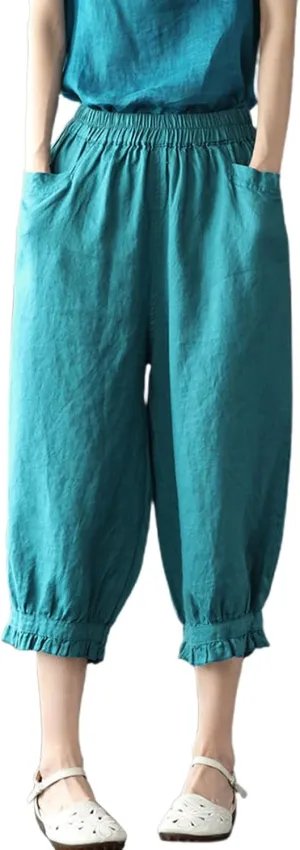 Women's Cotton Linen Pants High Waist Elastic Trousers Lightweight Loose Fit Ruffle Cropped Summer Pant 3/4 Trousers