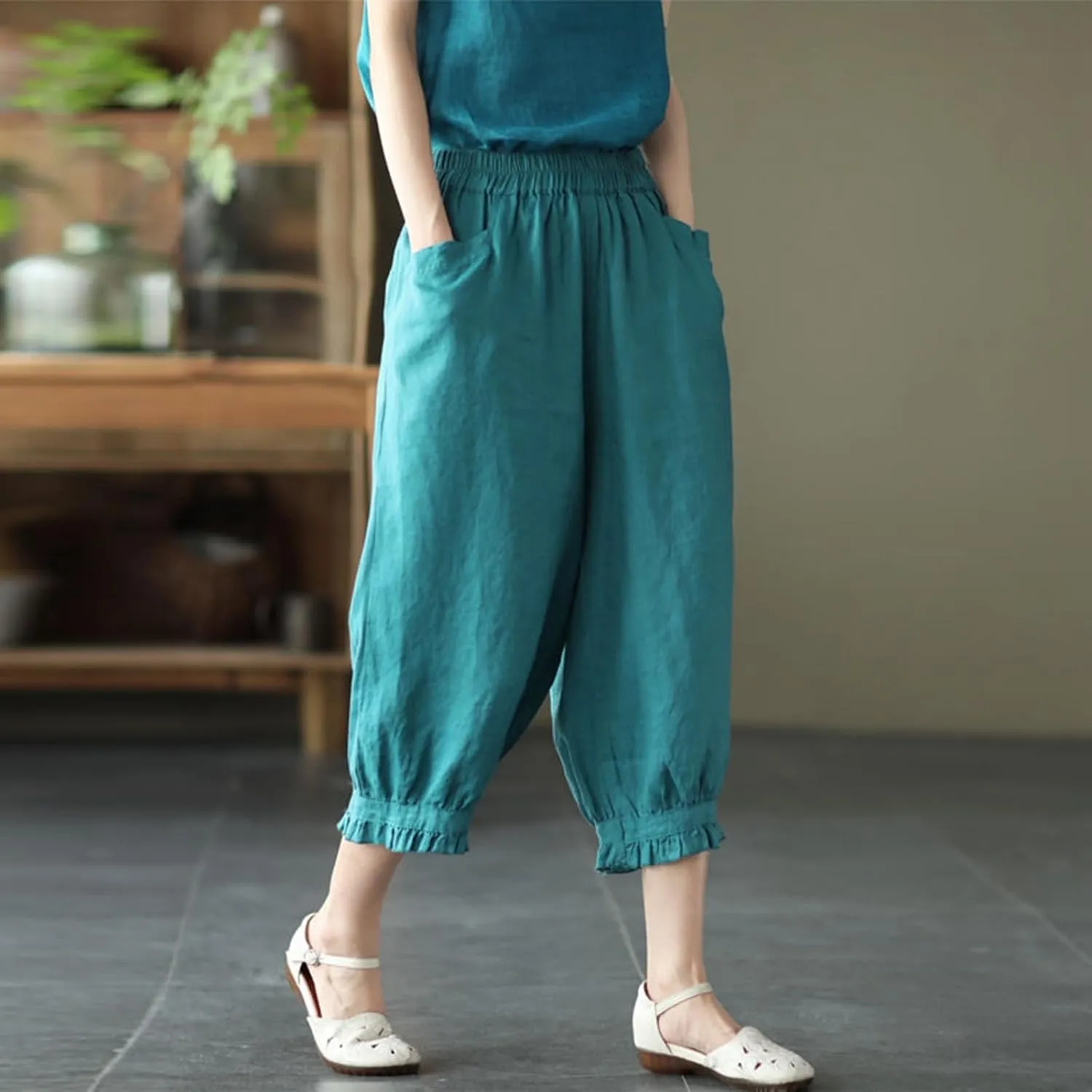Women's Cotton Linen Pants High Waist Elastic Trousers Lightweight Loose Fit Ruffle Cropped Summer Pant 3/4 Trousers