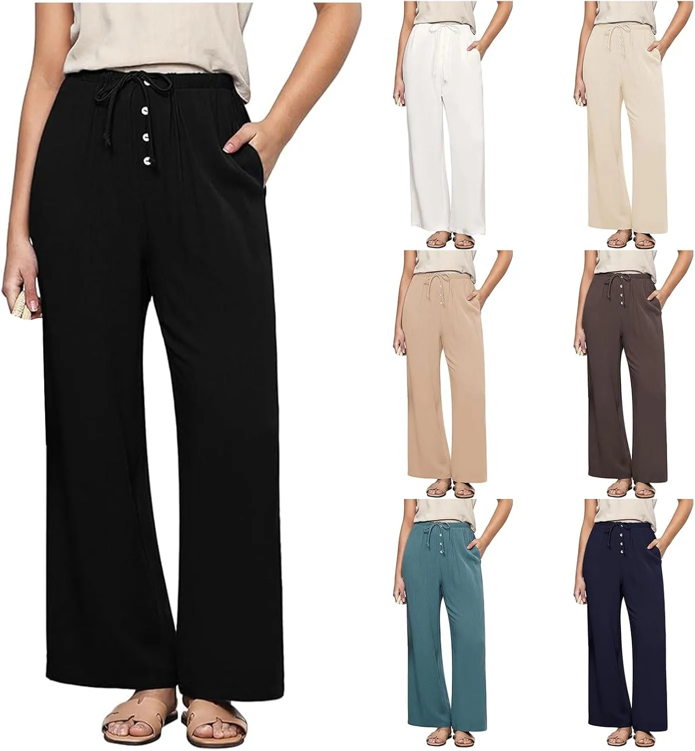 Women's Cotton Linen Pants High Waisted Adjustable Tie Knot Trousers Summer Casual Work Wide Leg Pants for Women