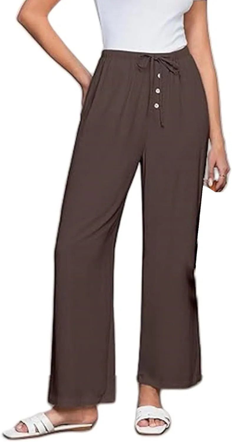 Women's Cotton Linen Pants High Waisted Adjustable Tie Knot Trousers Summer Casual Work Wide Leg Pants for Women