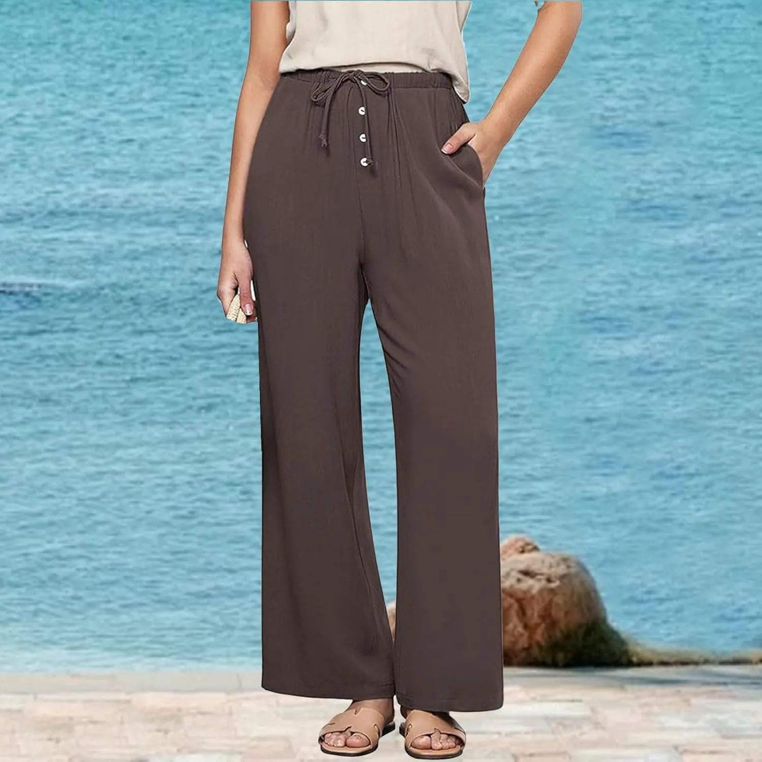 Women's Cotton Linen Pants High Waisted Adjustable Tie Knot Trousers Summer Casual Work Wide Leg Pants for Women
