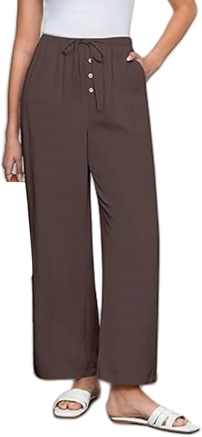 Women's Cotton Linen Pants High Waisted Adjustable Tie Knot Trousers Summer Casual Work Wide Leg Pants for Women