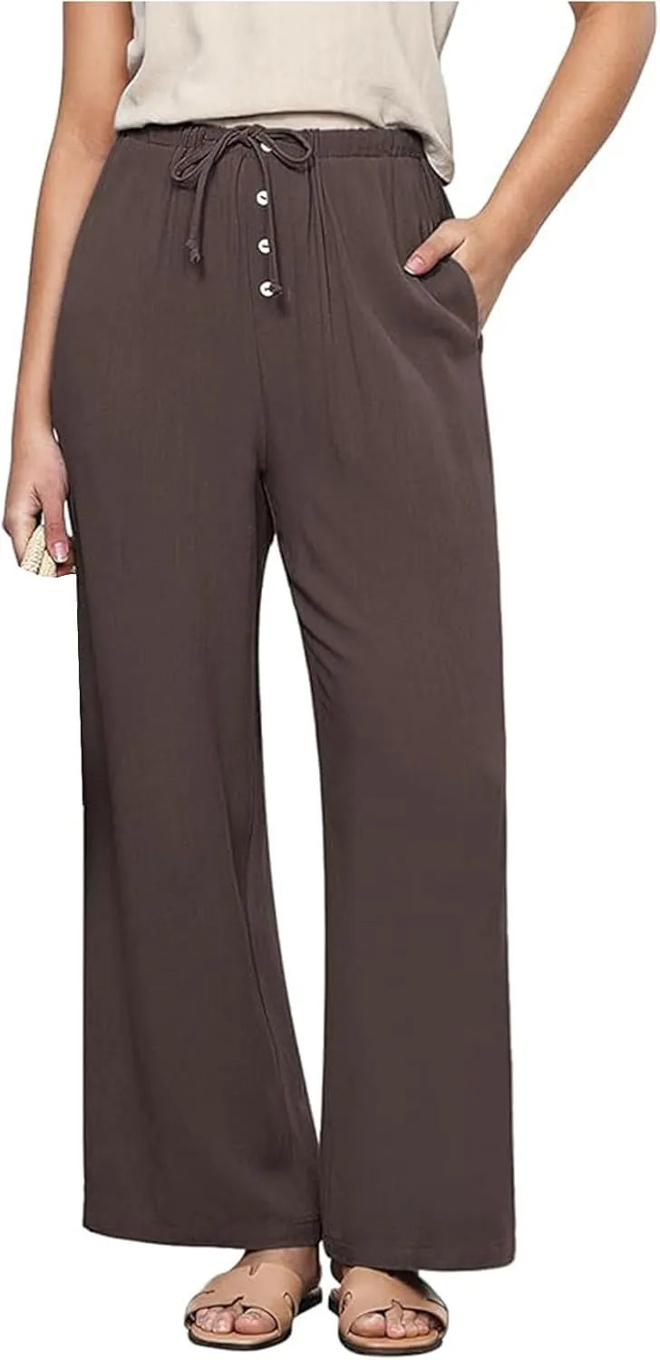 Women's Cotton Linen Pants High Waisted Adjustable Tie Knot Trousers Summer Casual Work Wide Leg Pants for Women