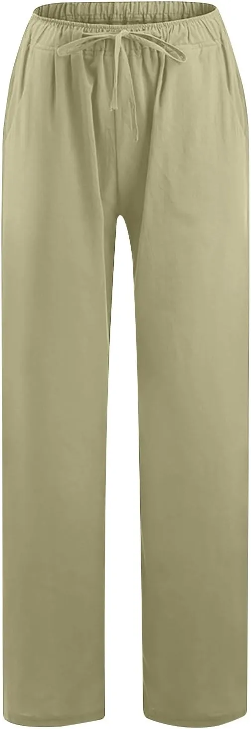 Women's Cotton Linen Pants High Waisted Wide Leg Pants Summer Casual Loose Fit Long Lounge Trousers with Pockets