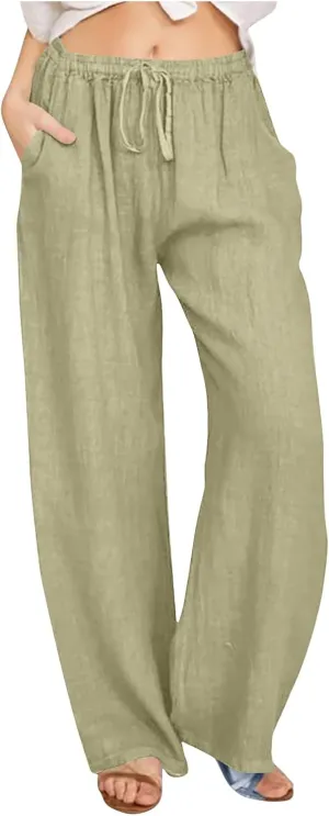 Women's Cotton Linen Pants High Waisted Wide Leg Pants Summer Casual Loose Fit Long Lounge Trousers with Pockets