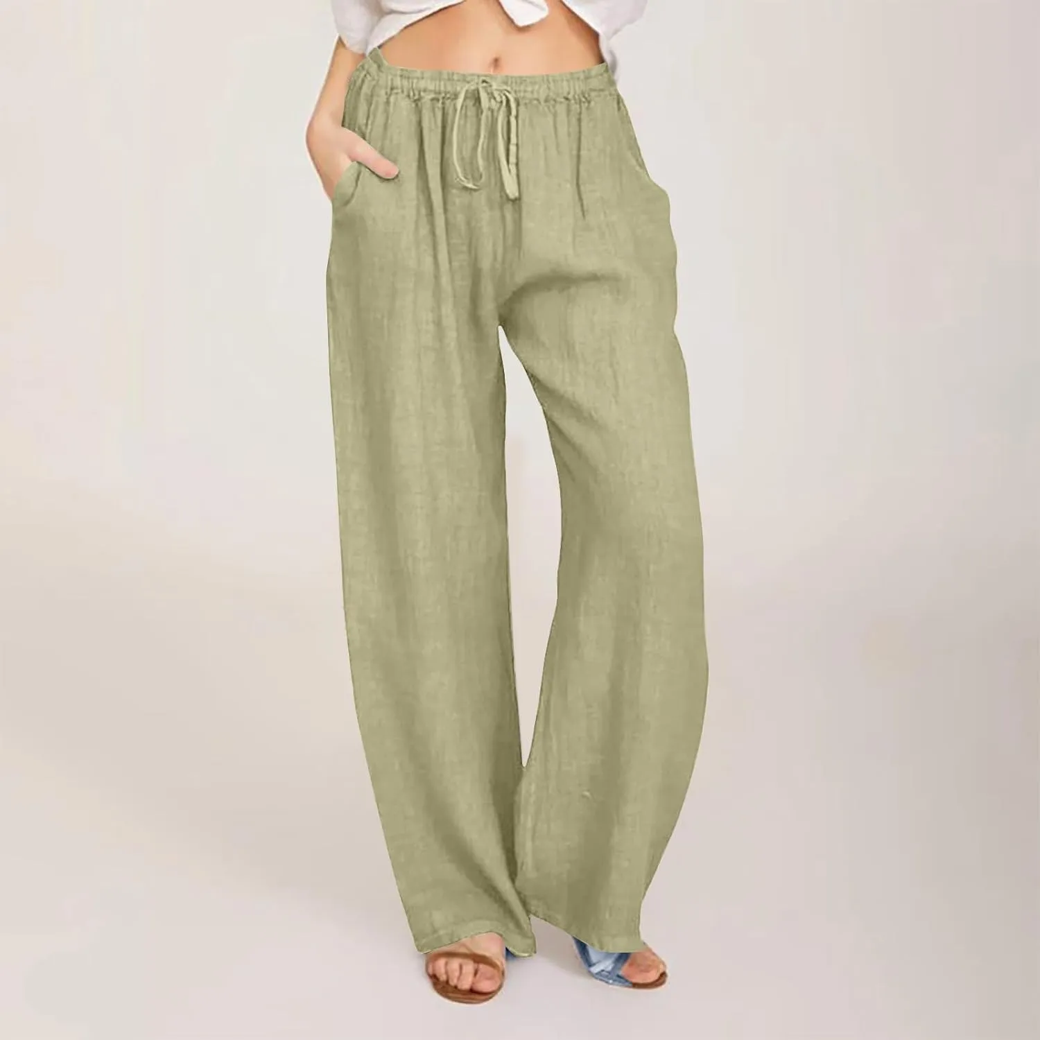 Women's Cotton Linen Pants High Waisted Wide Leg Pants Summer Casual Loose Fit Long Lounge Trousers with Pockets