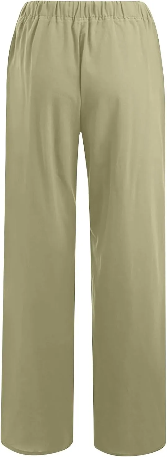 Women's Cotton Linen Pants High Waisted Wide Leg Pants Summer Casual Loose Fit Long Lounge Trousers with Pockets