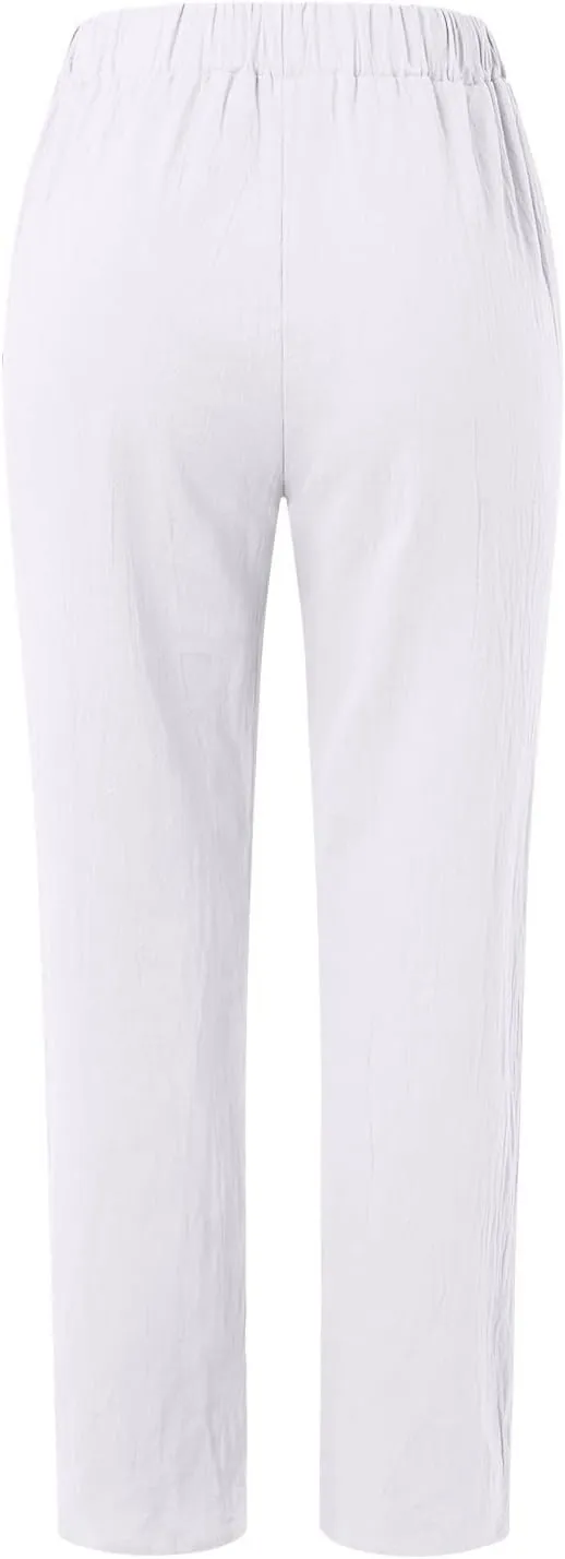 Women's Cotton Linen Pants Summer Casual Baggy Wide Leg Elastic High Waist Beach Slacks Stripe Printed Capri Trousers