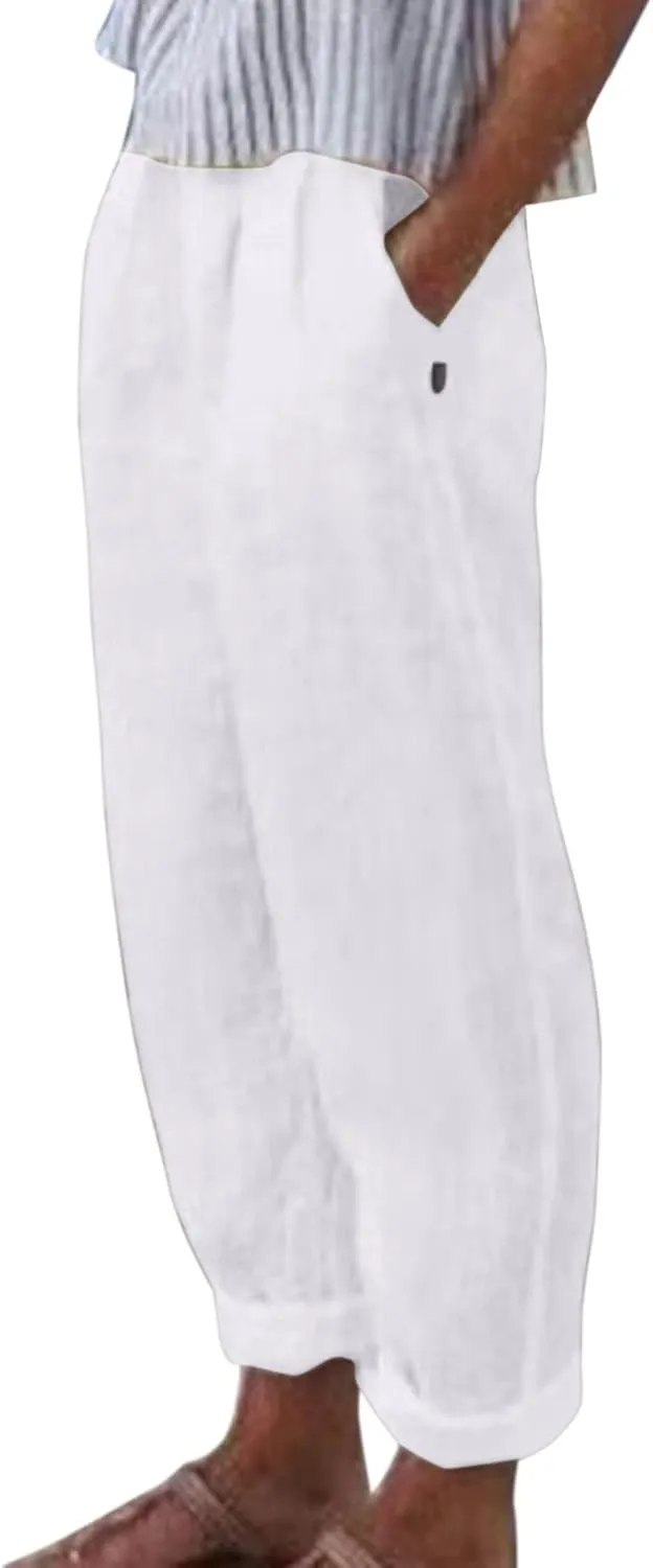 Women's Cotton Linen Pants Summer Casual Baggy Wide Leg Elastic High Waist Beach Slacks Stripe Printed Capri Trousers