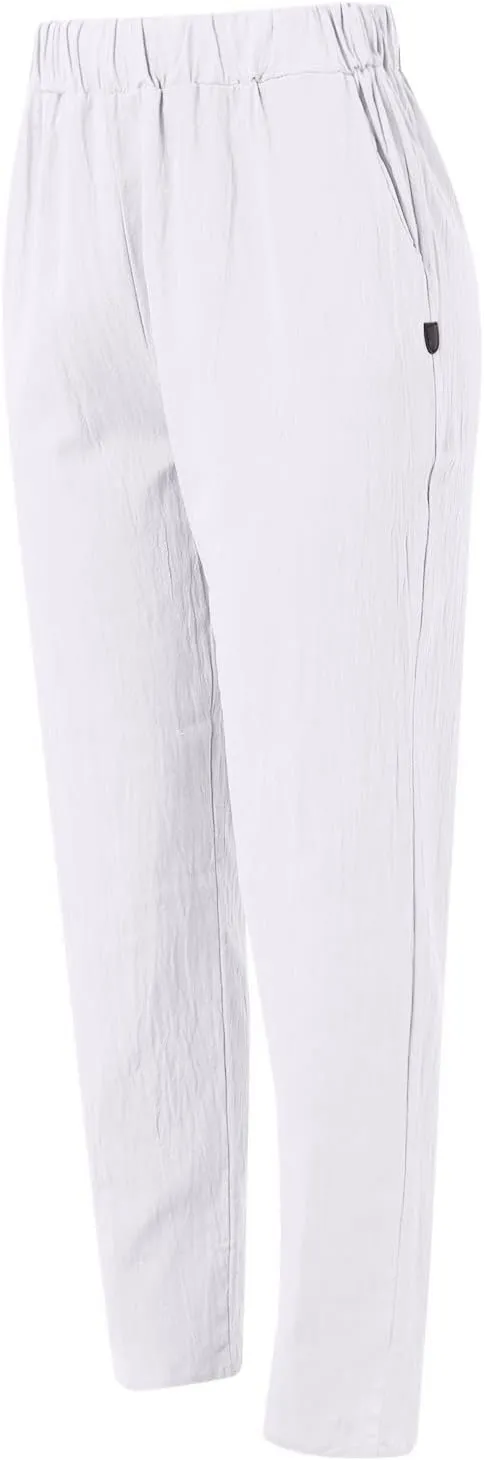 Women's Cotton Linen Pants Summer Casual Baggy Wide Leg Elastic High Waist Beach Slacks Stripe Printed Capri Trousers
