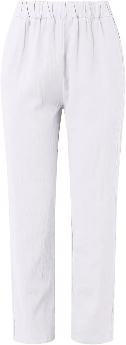 Women's Cotton Linen Pants Summer Casual Baggy Wide Leg Elastic High Waist Beach Slacks Stripe Printed Capri Trousers