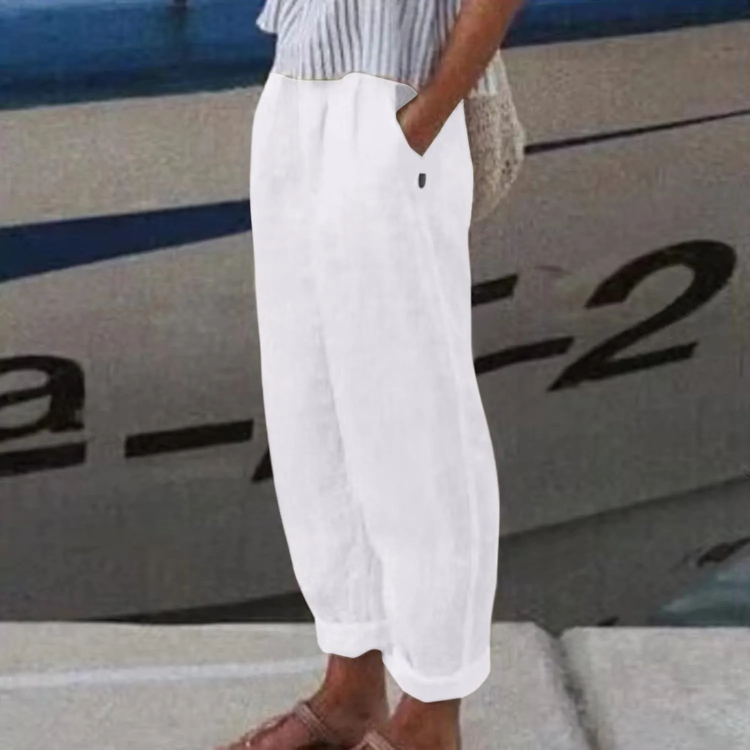 Women's Cotton Linen Pants Summer Casual Baggy Wide Leg Elastic High Waist Beach Slacks Stripe Printed Capri Trousers