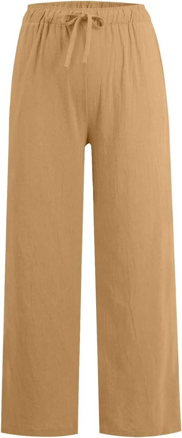 Women's Cotton Linen Pants,Summer Wide Leg Casual Loose Drawstring High Waist Palazzo Pants with Pockets