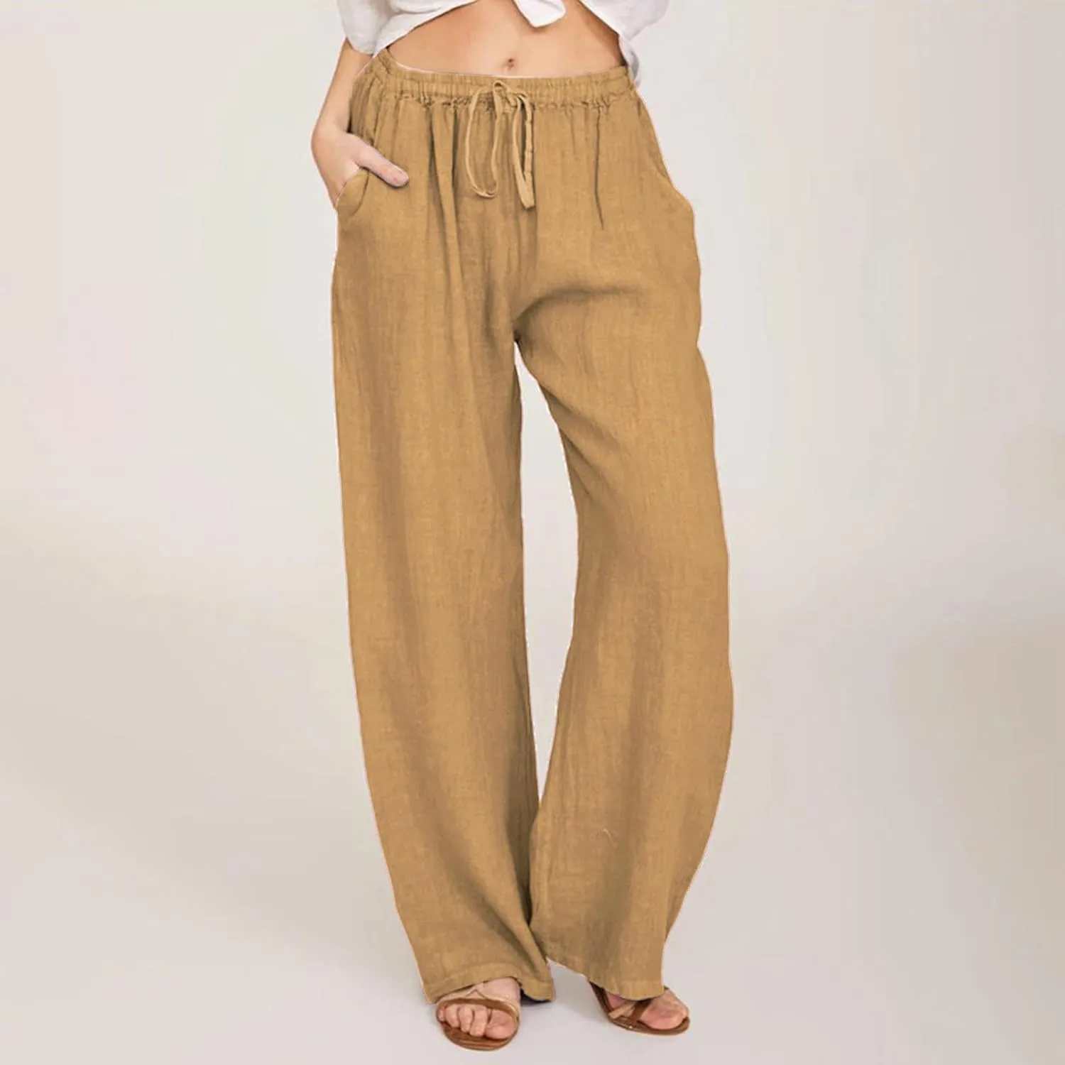 Women's Cotton Linen Pants,Summer Wide Leg Casual Loose Drawstring High Waist Palazzo Pants with Pockets