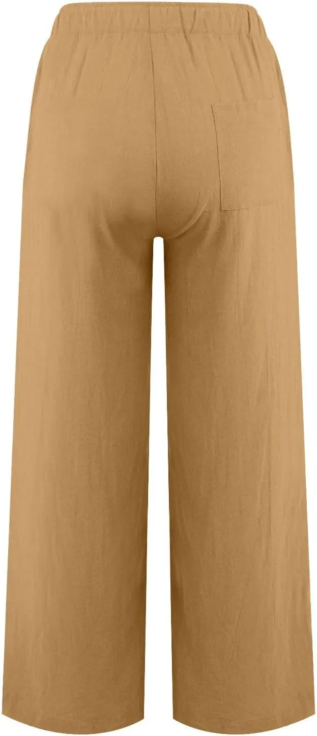 Women's Cotton Linen Pants,Summer Wide Leg Casual Loose Drawstring High Waist Palazzo Pants with Pockets