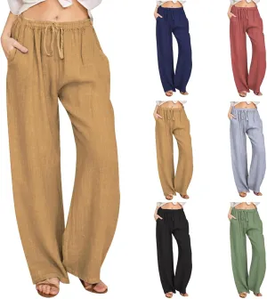 Women's Cotton Linen Pants,Summer Wide Leg Casual Loose Drawstring High Waist Palazzo Pants with Pockets