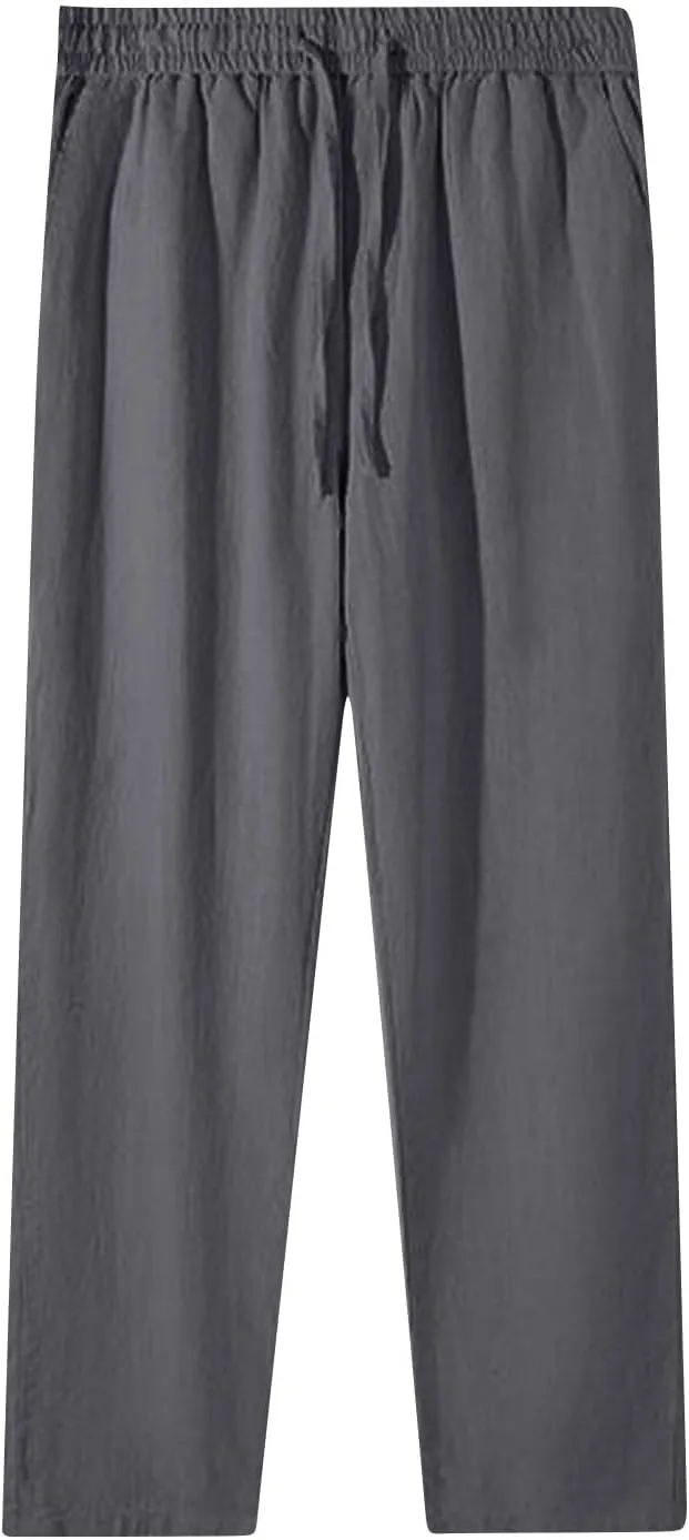 Women's Cotton Linen Straight Leg Pants Plus Size Drawstring Casual Trousers with Pockets Summer Beach Lounge Pant