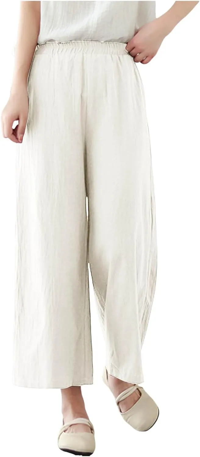 Womens Cotton Linen Summer Baggy Palazzo Pants Low Waist Lounge Pants Slim-Fit Palazzo Lounge Pants Beach