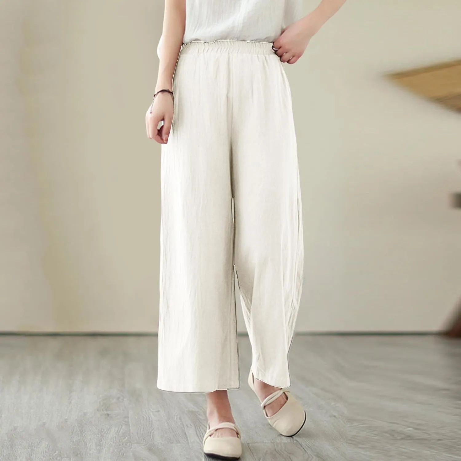 Womens Cotton Linen Summer Baggy Palazzo Pants Low Waist Lounge Pants Slim-Fit Palazzo Lounge Pants Beach