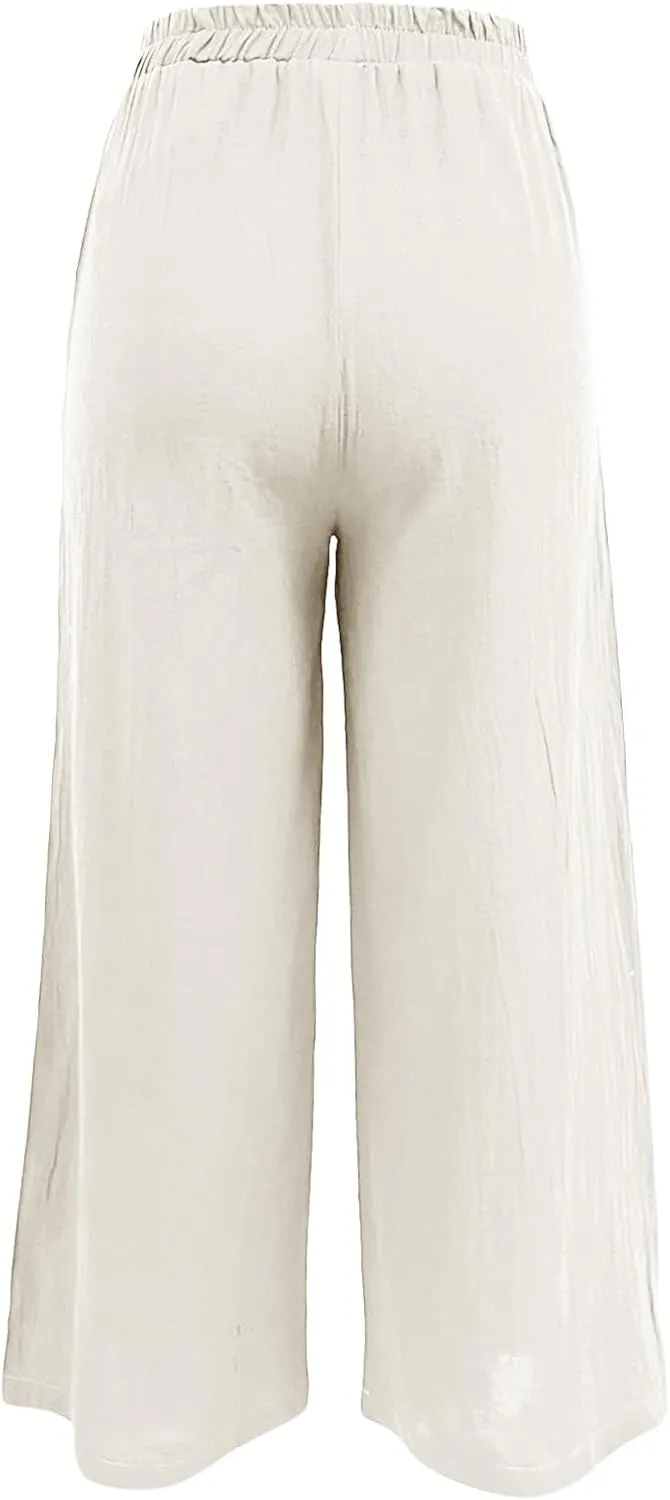 Womens Cotton Linen Summer Baggy Palazzo Pants Low Waist Lounge Pants Slim-Fit Palazzo Lounge Pants Beach