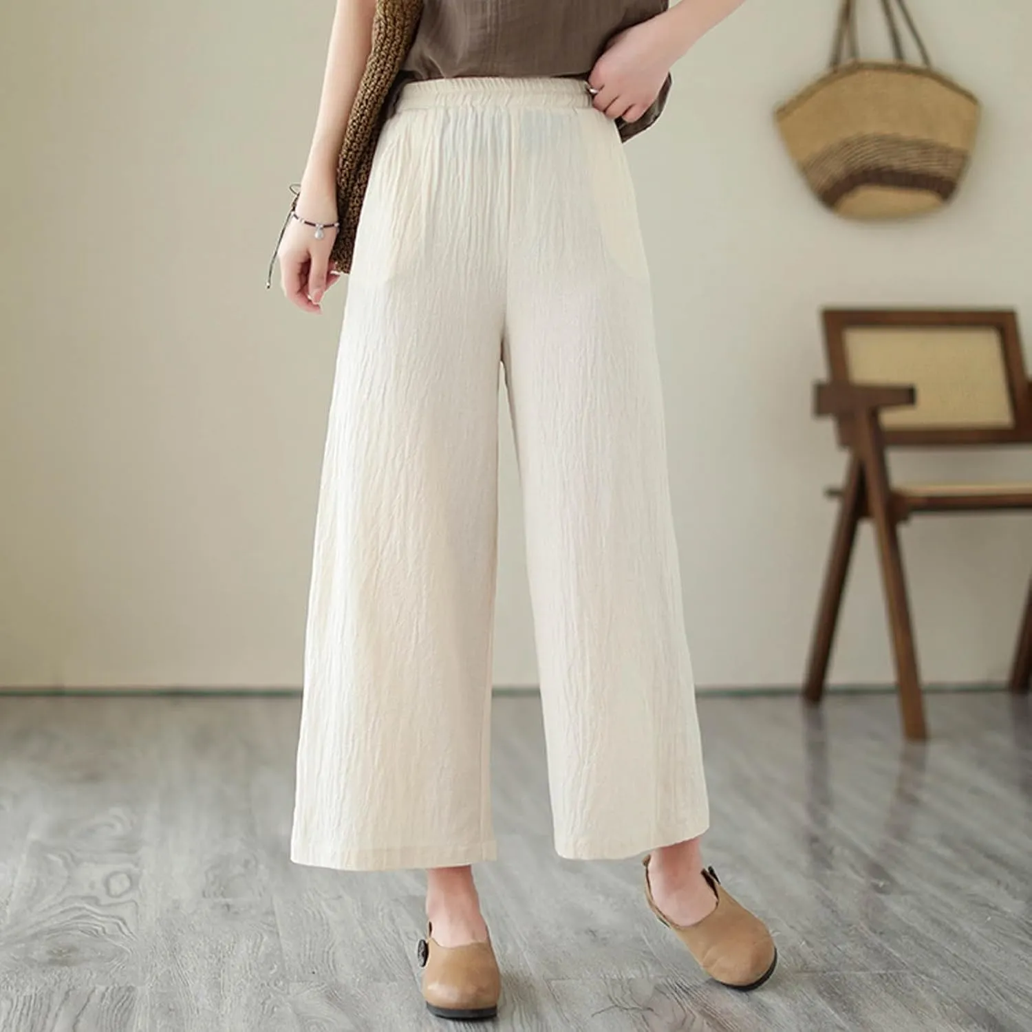 Womens Cotton Linen Summer Baggy Palazzo Pants Low Waist Lounge Pants Slim-Fit Palazzo Lounge Pants Beach