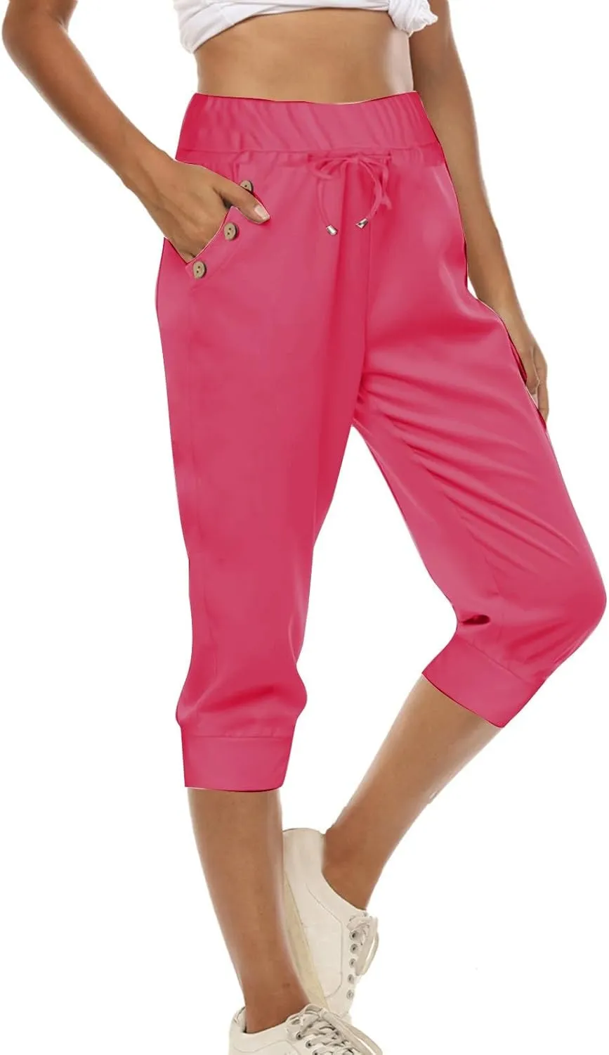 Women's Cotton Linen Summer Casual Palazzo Pants Elastic Waisted Wide Leg Plus Size Trousers Work Business