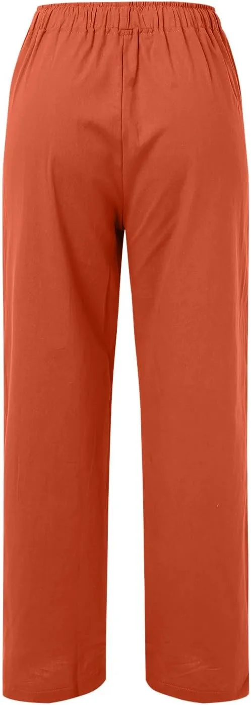 Womens Cotton Linen Summer Flowy Palazzo Lounge Pants High Waist Lounge Pants Slim-Fit Pant Trousers Business Work