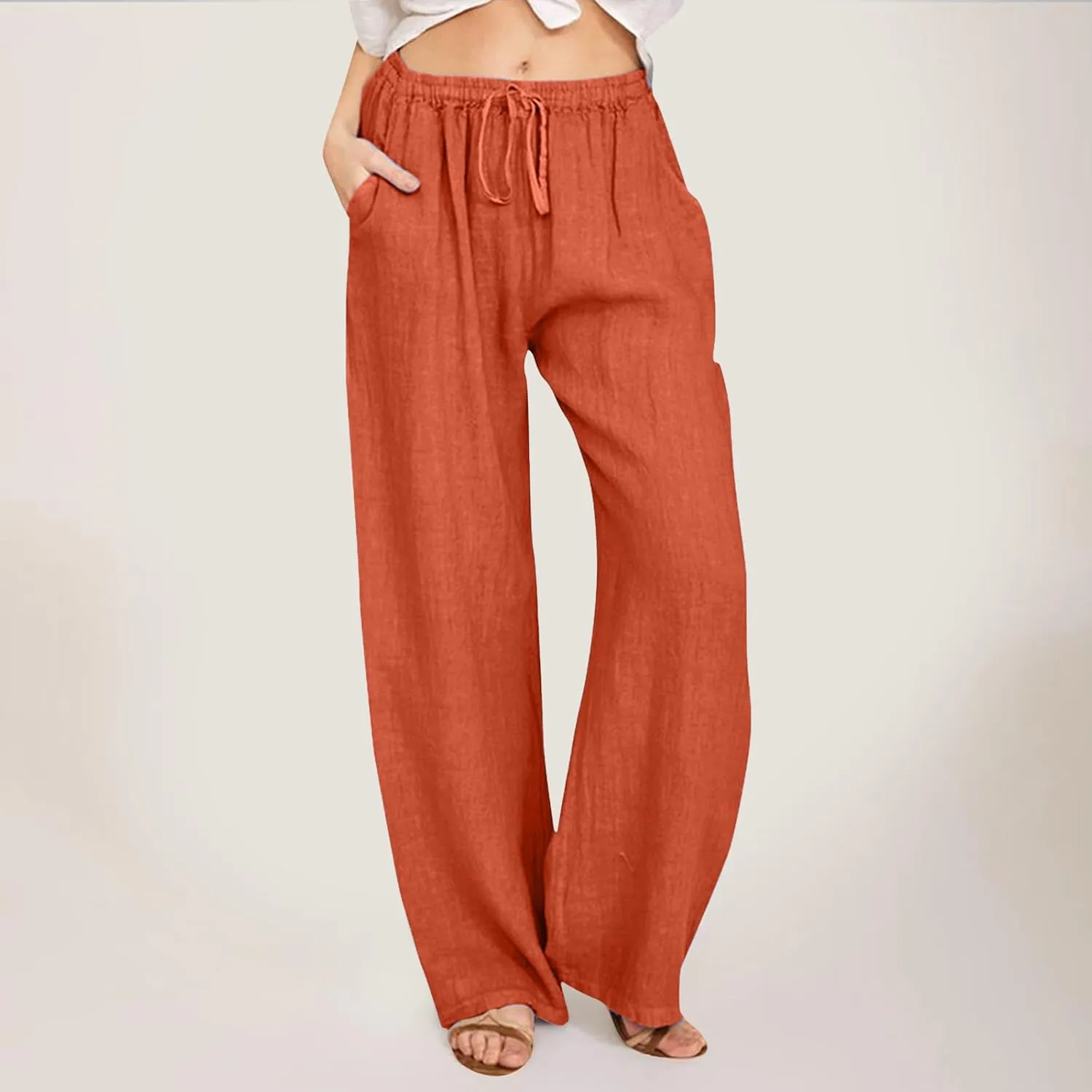 Womens Cotton Linen Summer Flowy Palazzo Lounge Pants High Waist Lounge Pants Slim-Fit Pant Trousers Business Work