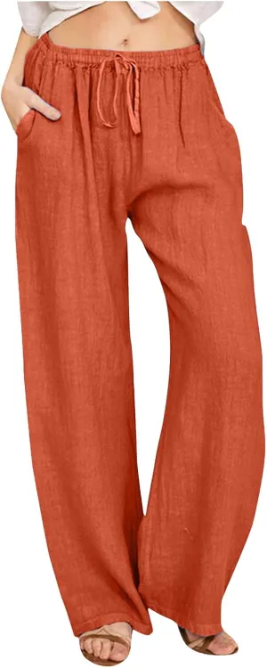 Womens Cotton Linen Summer Flowy Palazzo Lounge Pants High Waist Lounge Pants Slim-Fit Pant Trousers Business Work