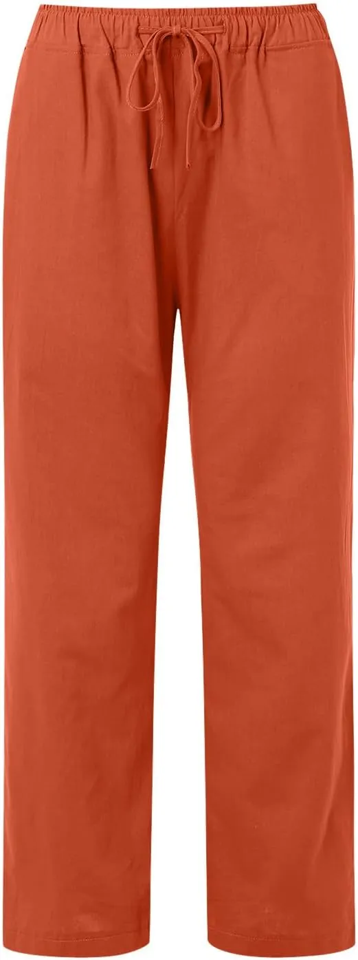Womens Cotton Linen Summer Flowy Palazzo Lounge Pants High Waist Lounge Pants Slim-Fit Pant Trousers Business Work
