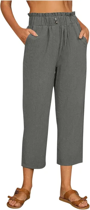 Women's Cotton Linen Summer Loose Flowy Pants Elastic Waisted Wide Leg Plus Size Trouser Business Work