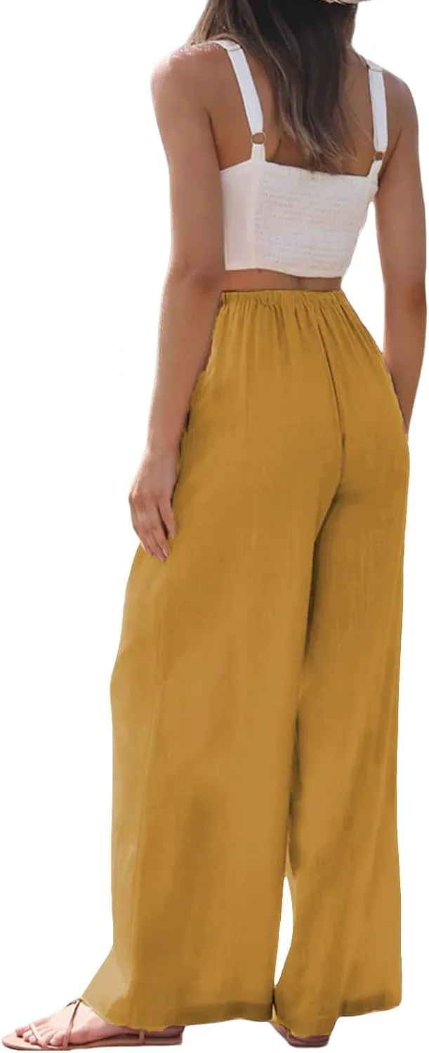 Women's Cotton Linen Summer Palazzo Pants High Waisted Flowy Baggy Wide Leg Beach Trousers Vacation Outfits