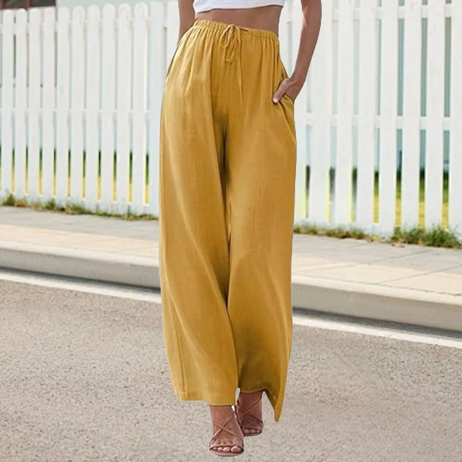 Women's Cotton Linen Summer Palazzo Pants High Waisted Flowy Baggy Wide Leg Beach Trousers Vacation Outfits