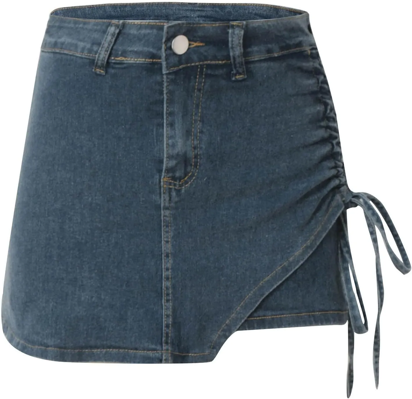 Womens Denim Jean Skirt Casual Mini Y2K High Waisted Casual Fashion Cute Skirts with Pockets Side Drawstring