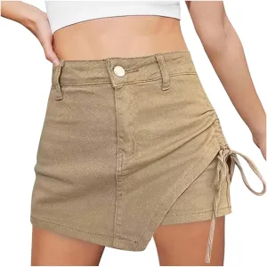Womens Denim Jean Skirt Casual Mini Y2K High Waisted Casual Fashion Cute Skirts with Pockets Side Drawstring