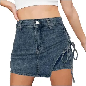 Womens Denim Jean Skirt Casual Mini Y2K High Waisted Casual Fashion Cute Skirts with Pockets Side Drawstring