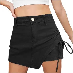 Womens Denim Jean Skirt Casual Mini Y2K High Waisted Casual Fashion Cute Skirts with Pockets Side Drawstring