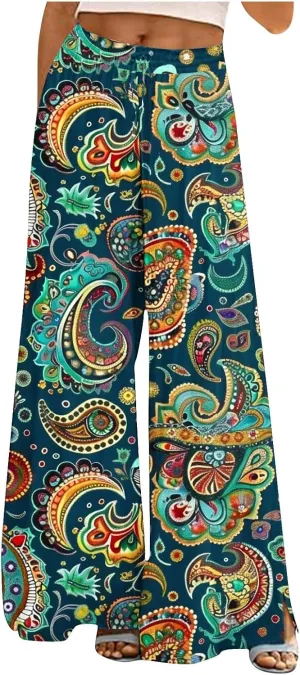 Women's Ethnic Style Palazzo Pants Vintage Boho Print Yoga Dance Pants Casual Loose Fit High Waist Wide Leg Trousers
