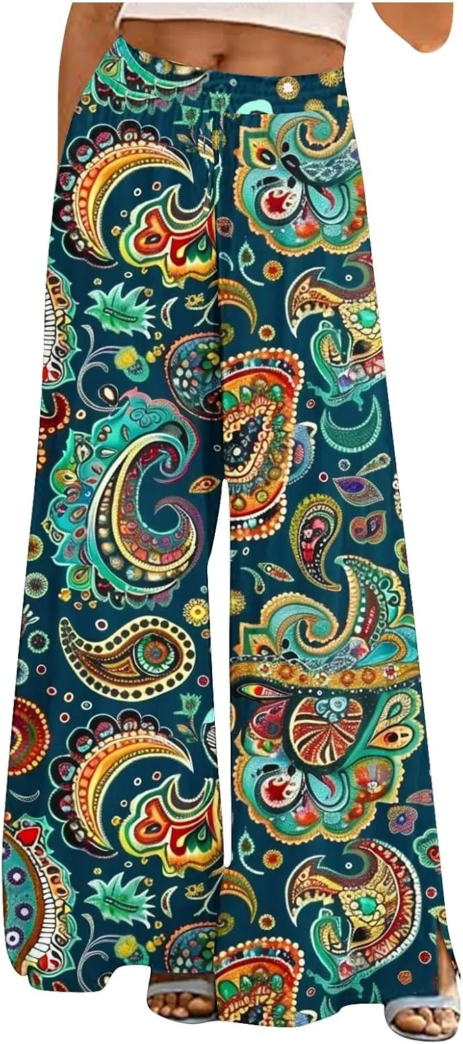 Women's Ethnic Style Palazzo Pants Vintage Boho Print Yoga Dance Pants Casual Loose Fit High Waist Wide Leg Trousers