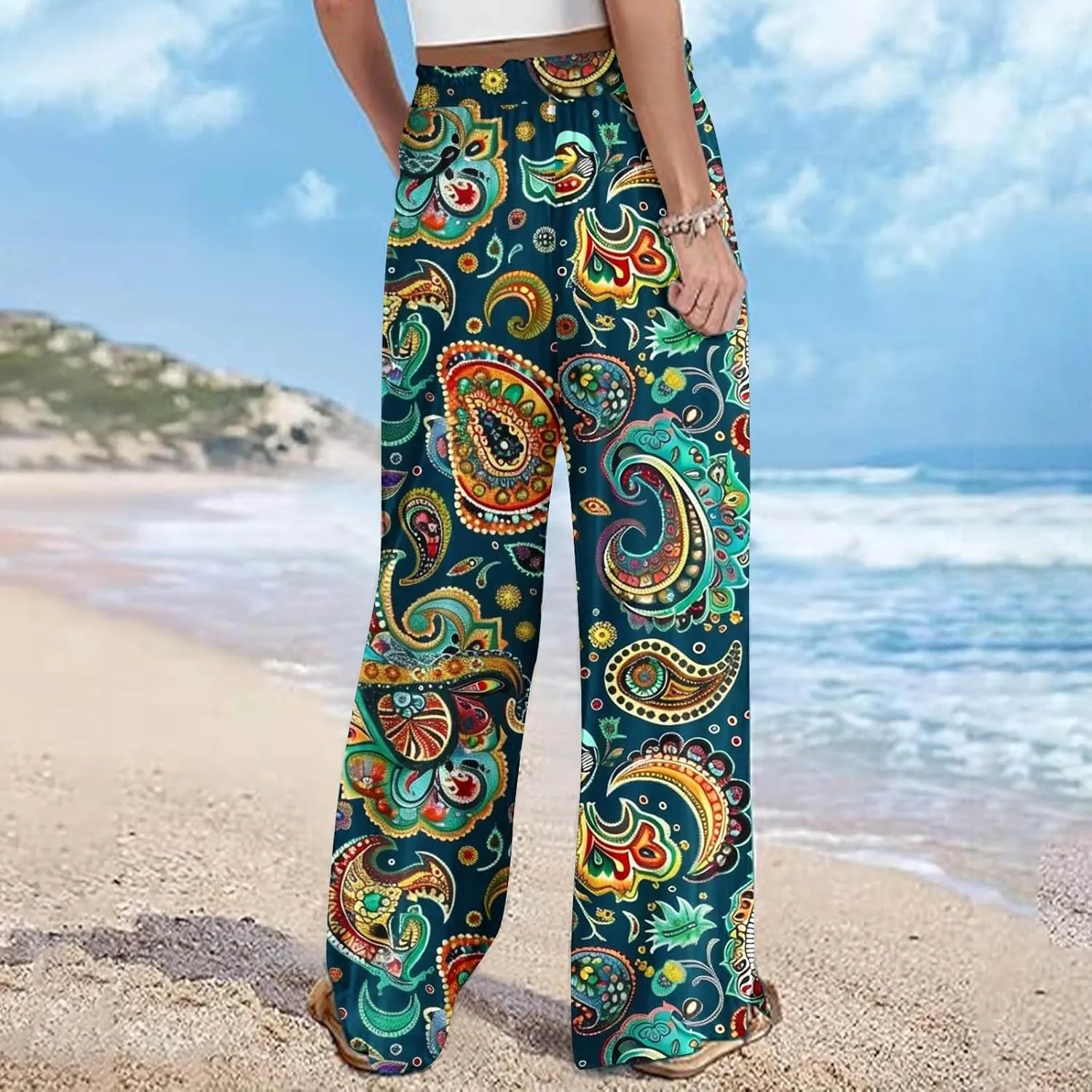 Women's Ethnic Style Palazzo Pants Vintage Boho Print Yoga Dance Pants Casual Loose Fit High Waist Wide Leg Trousers