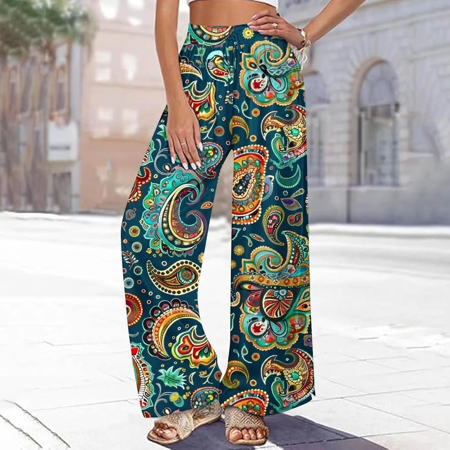 Women's Ethnic Style Palazzo Pants Vintage Boho Print Yoga Dance Pants Casual Loose Fit High Waist Wide Leg Trousers