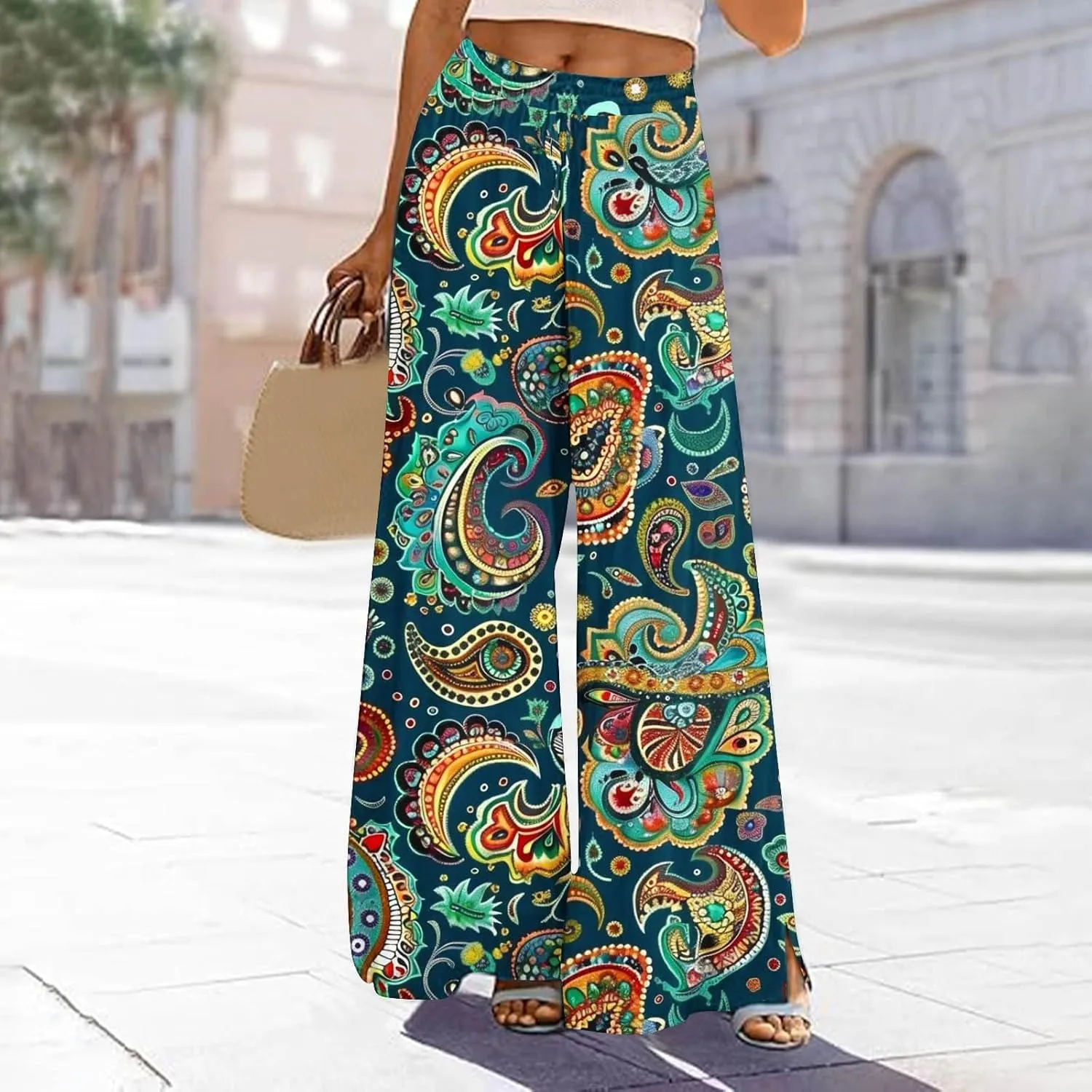 Women's Ethnic Style Palazzo Pants Vintage Boho Print Yoga Dance Pants Casual Loose Fit High Waist Wide Leg Trousers