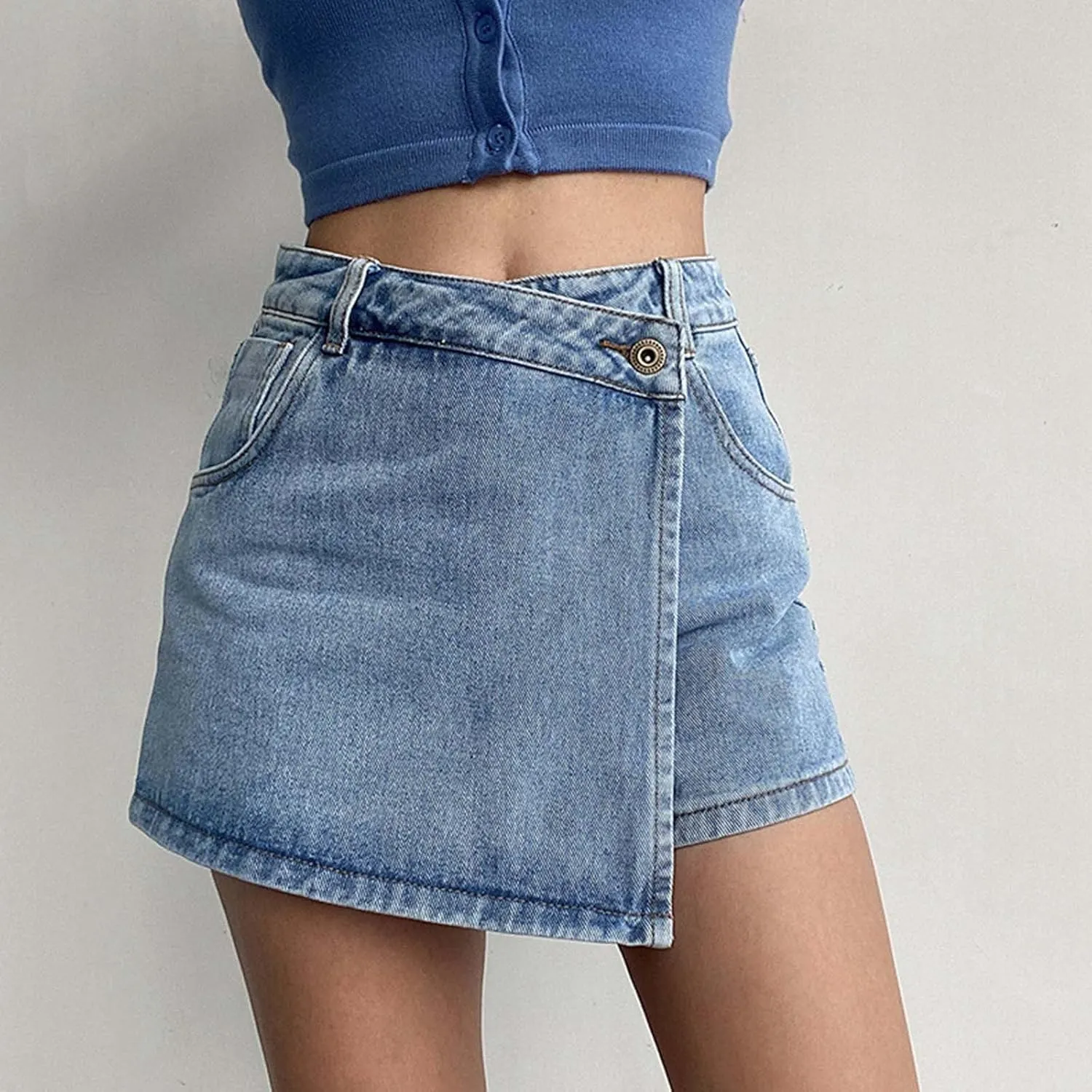 Women's High Waist A Line Denim Shorts with Light Wash Two Piece Design Slimming Skort for Shorts for Women Denim