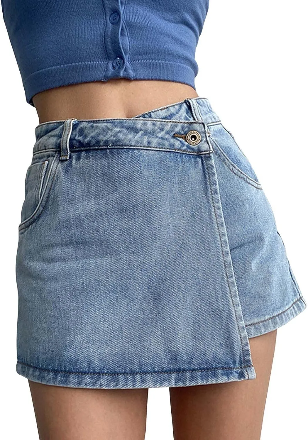 Women's High Waist A Line Denim Shorts with Light Wash Two Piece Design Slimming Skort for Shorts for Women Denim