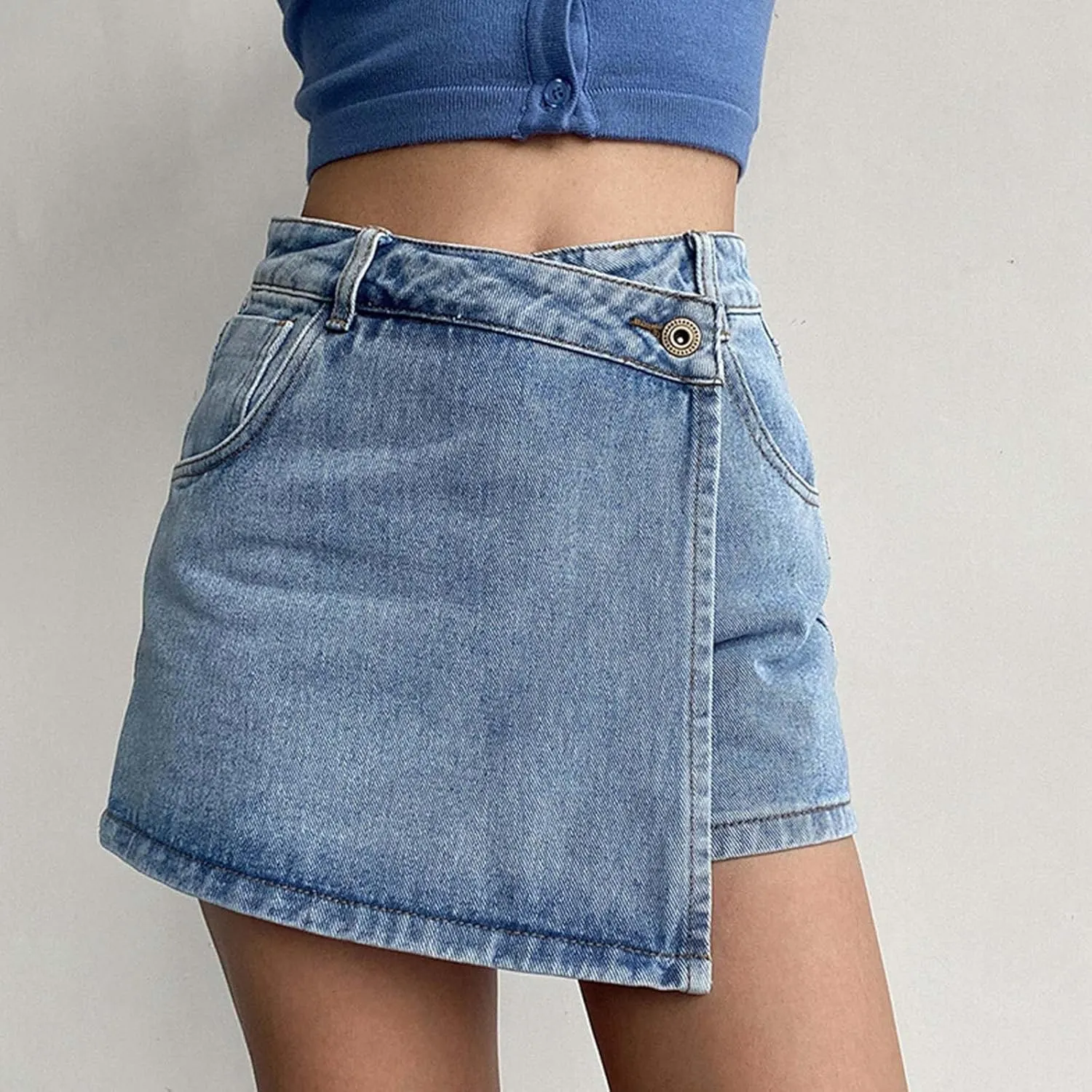 Women's High Waist A Line Denim Shorts with Light Wash Two Piece Design Slimming Skort for Shorts for Women Denim