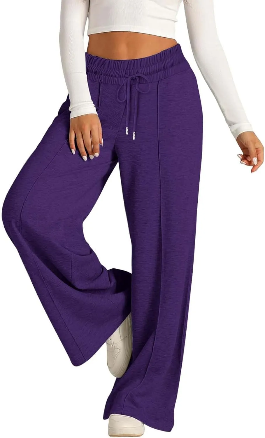 Women's High Waist Pants Wide Leg Casual Drawstring Sweatpants with Pockets Loose Solid Straight Leg Lounge Trousers