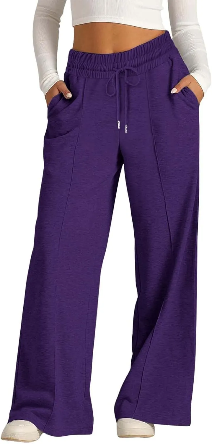 Women's High Waist Pants Wide Leg Casual Drawstring Sweatpants with Pockets Loose Solid Straight Leg Lounge Trousers
