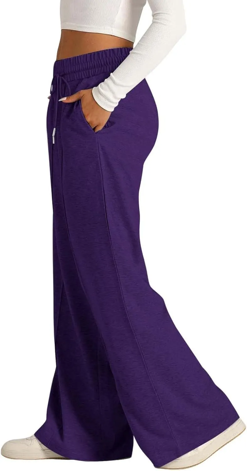 Women's High Waist Pants Wide Leg Casual Drawstring Sweatpants with Pockets Loose Solid Straight Leg Lounge Trousers