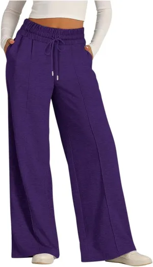 Women's High Waist Pants Wide Leg Casual Drawstring Sweatpants with Pockets Loose Solid Straight Leg Lounge Trousers