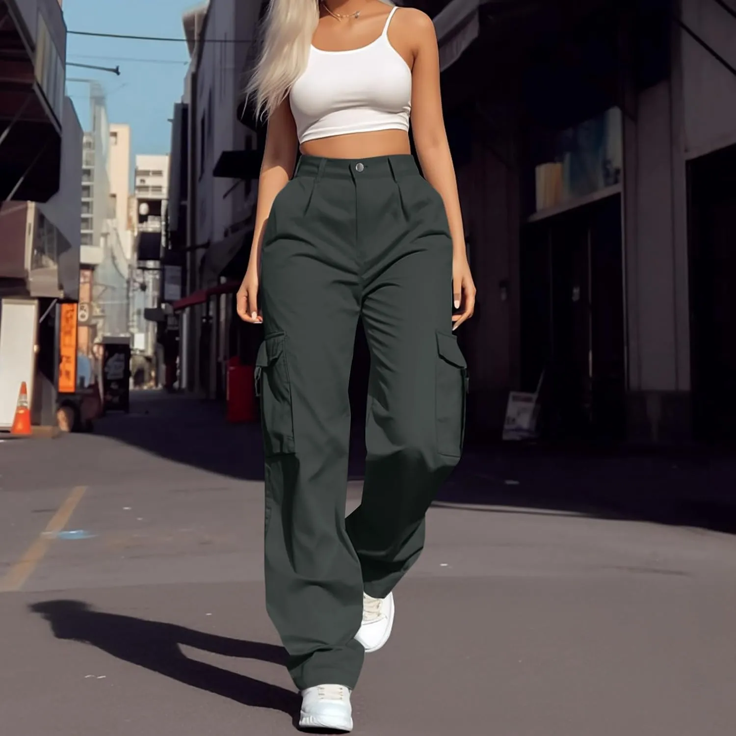 Women's Hiking Wide Leg Cargo Pants Lightweight Quick Dry Outdoor Buttons High Waisted Workout Pants with Pockets